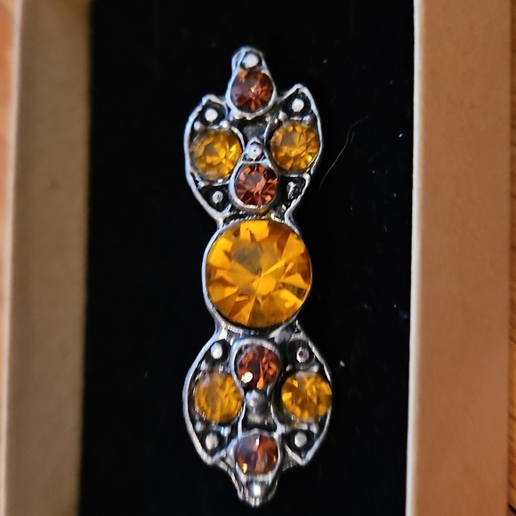 Amber And Rhinestone Inlaid In Silver, Bow-Shaped Brooch, Vintage, EUC - Picture 1 of 3